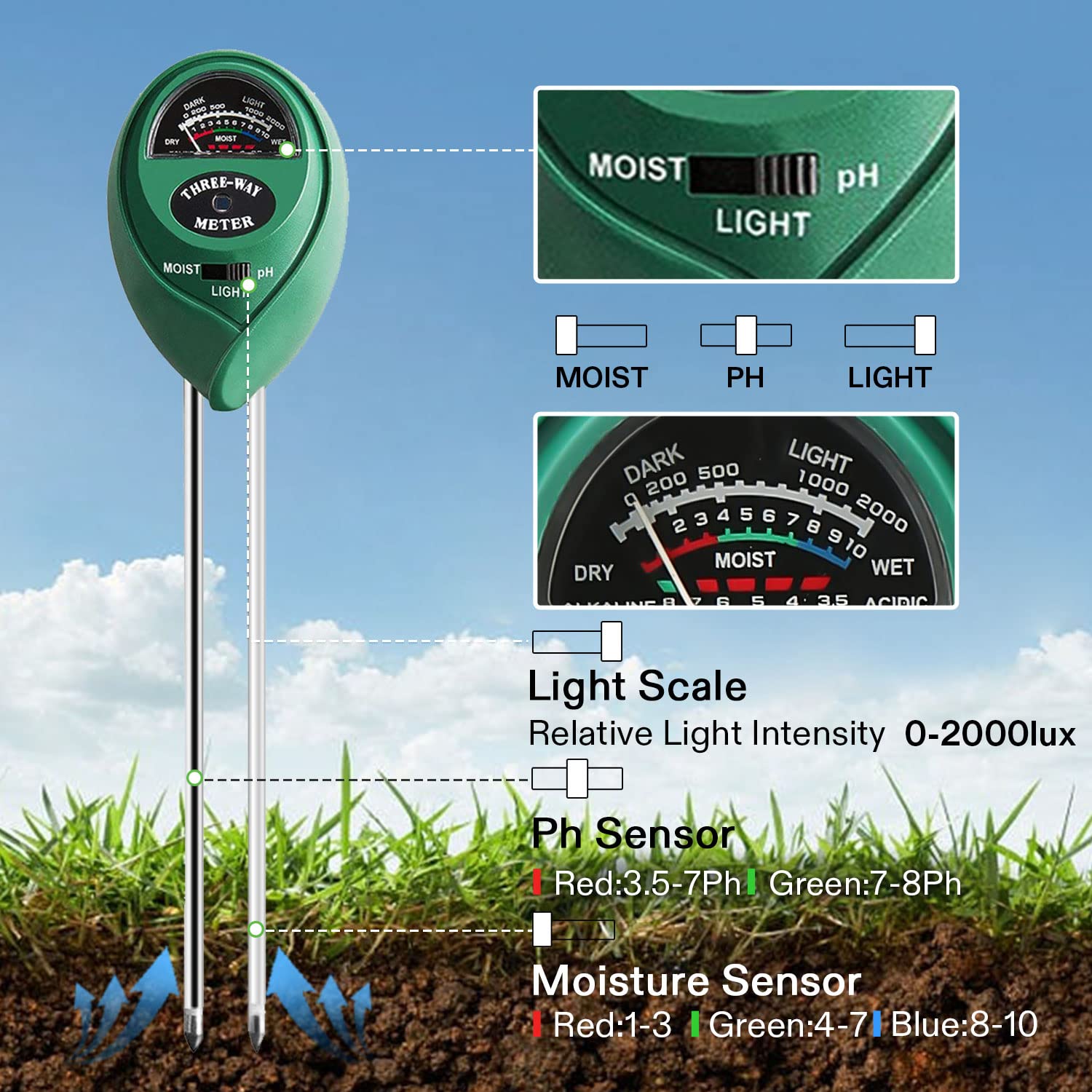VIVOSUN Plant Soil Moisture Meter, 3-in-1 pH Tester, Indoor & Outdoor Use | Battery-Free; 3-in-1 Plant pH Tester;