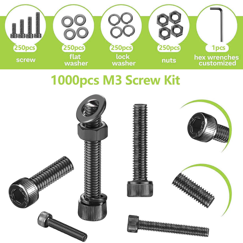 1000Pcs M3 Screws Assortment Kit, 12.9 Grade Hex Bolts Set for 3D Printer
