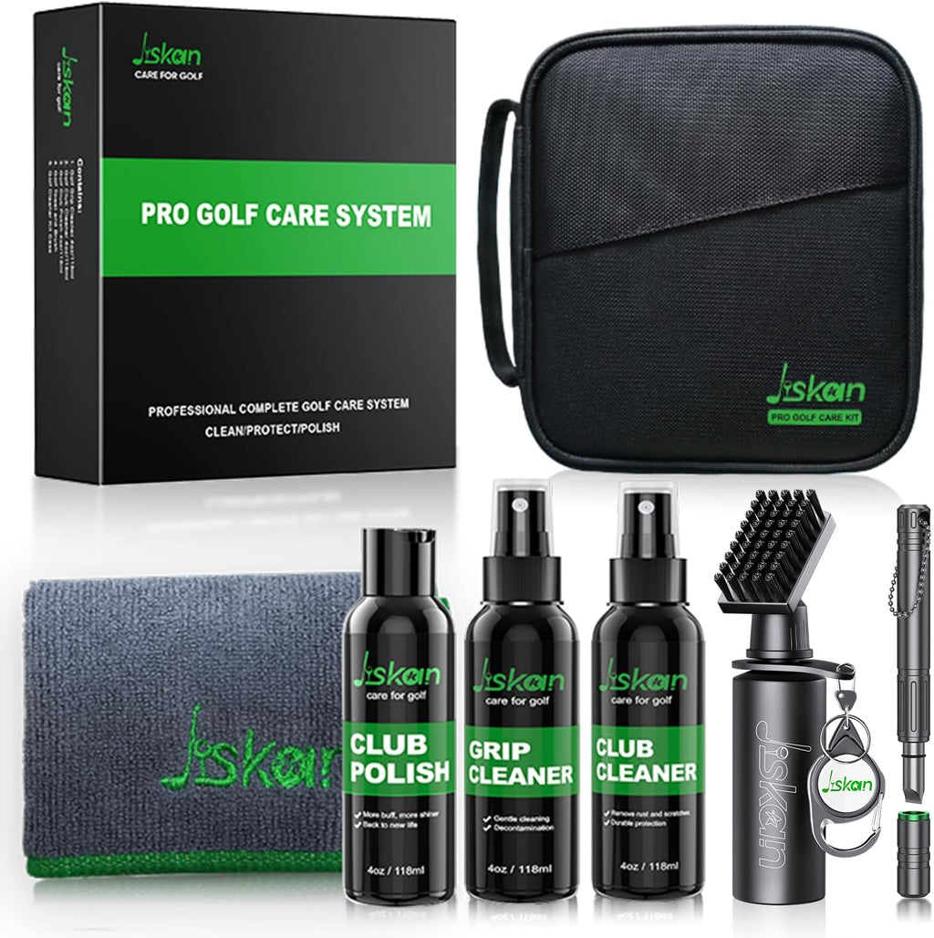 Pro Golf Cleaning Kit with Golf Club Cleaner Brush, Grip Cleaner, Club Polish, Towel, Club Groove Sharpener Tool and