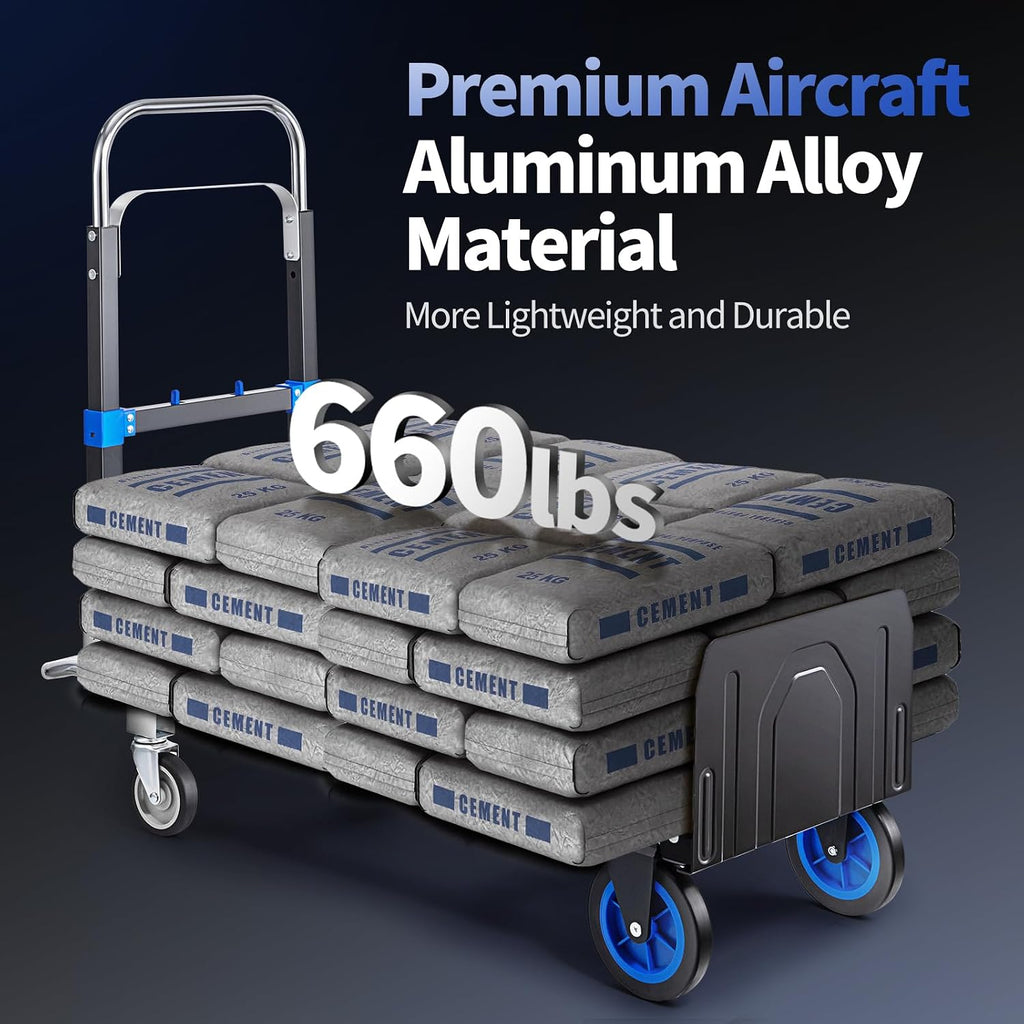 Pro 3 in 1 Aluminium Hand Truck 660lbs Capacity, Heavy Duty Convertible Hand Truck Dolly W/ 4 Rubber Wheels, Foldable