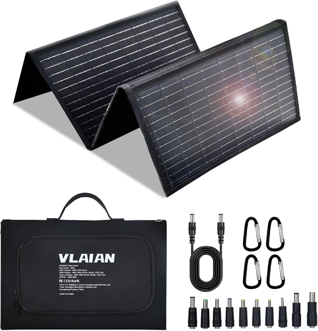 60W Portable Solar Panel,60 Watt Foldable Solar Panels Chargers with QC3.0 USB-A USB-C DC5521,IP67 Waterproof Power
