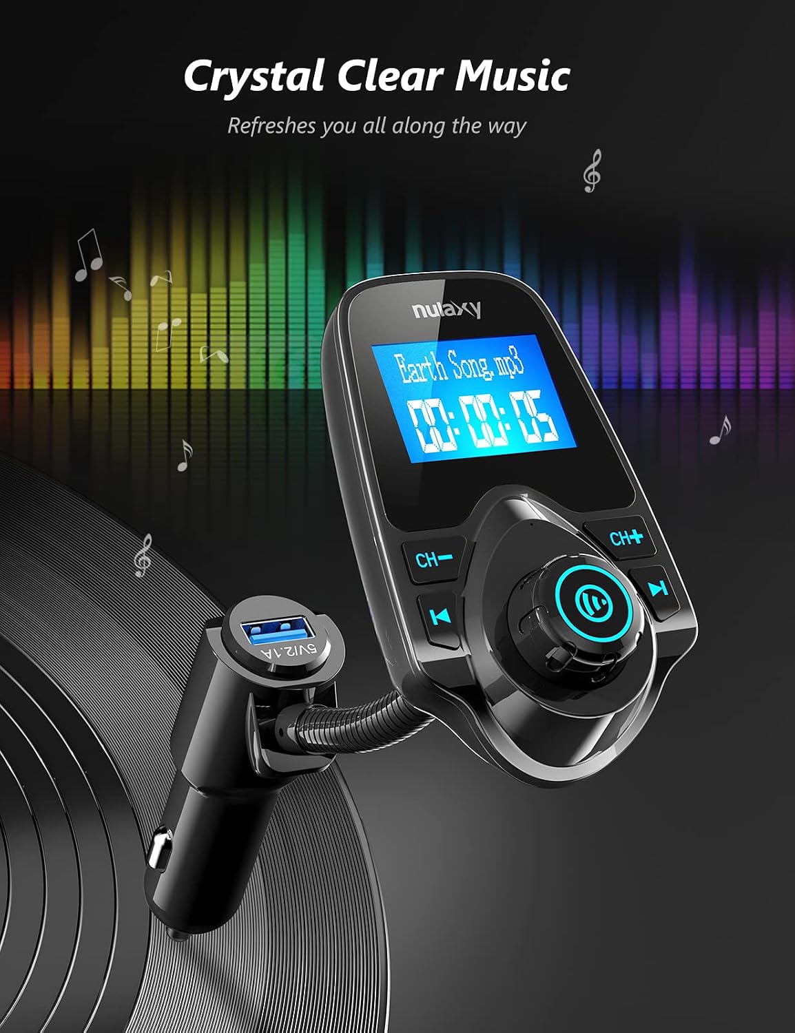 Bluetooth 5.4 Car Adapter FM Transmitter with 1.44" LCD Screen Black | Wireless FM Radio Player with Flexible