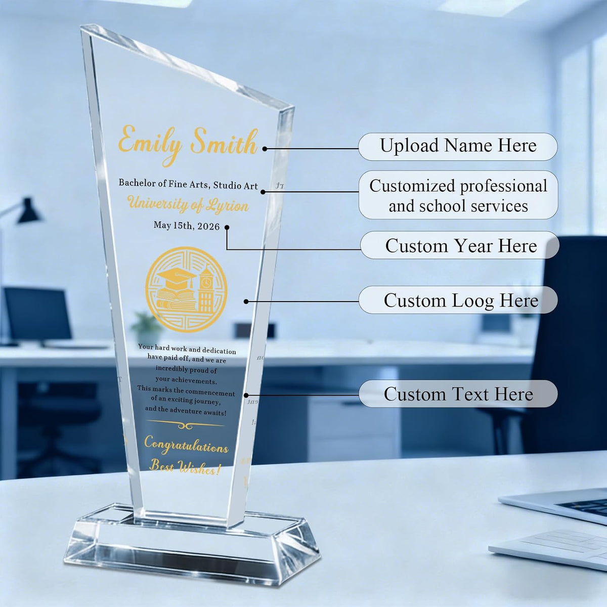 SHIP NEXT DAY, Custom K9 Crystal Trophy Recognition Awards With Logo & Text