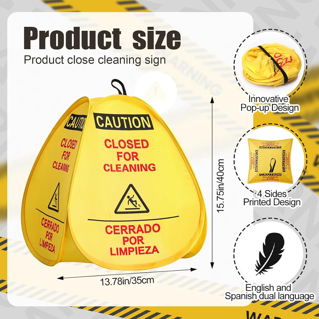 6 Pack 16" Pop-up Wet Floor Sign Closed for Cleaning Signs Yellow 4-sided English/Spanish Warning Foldable Highly