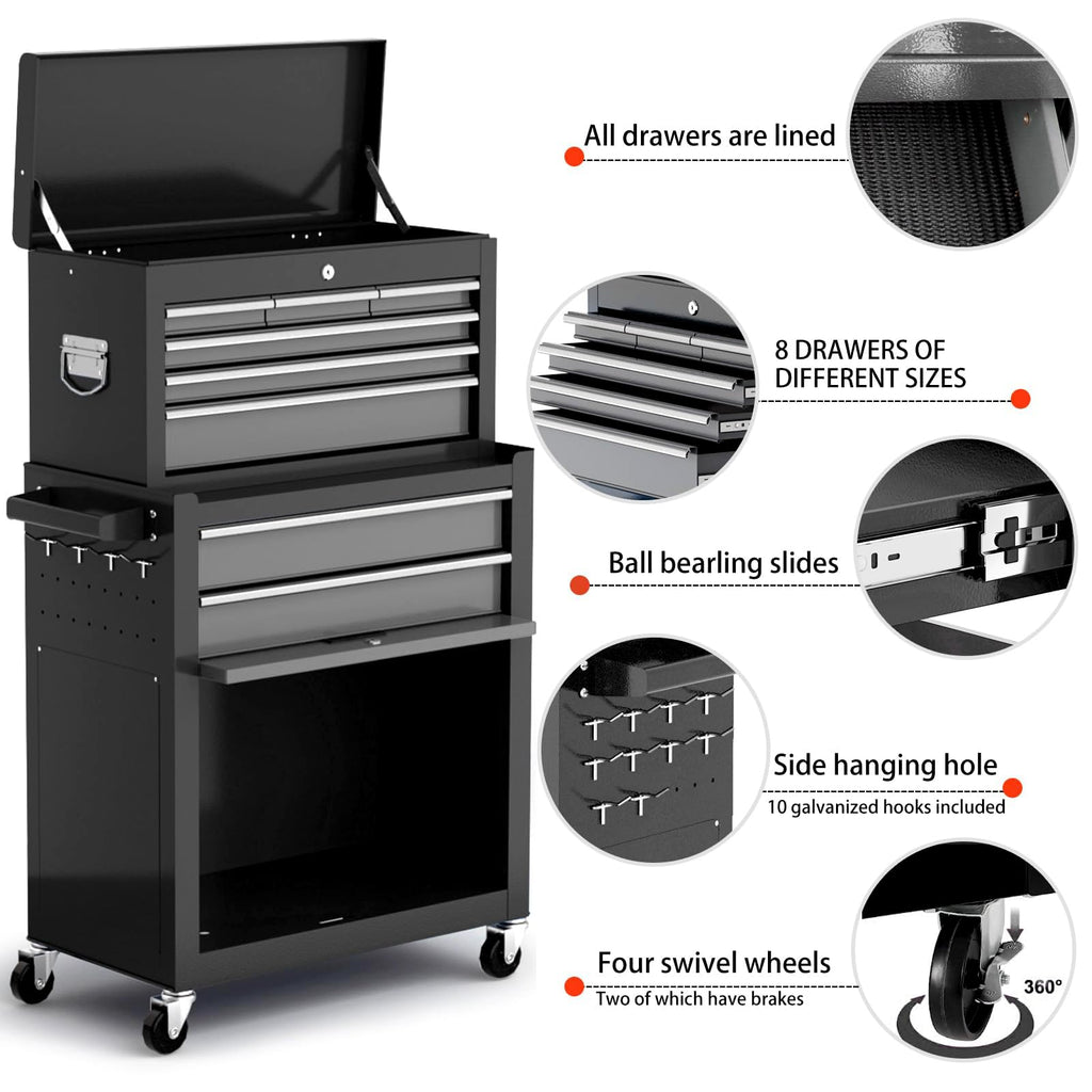 8-Drawer Tool Chest with Wheels, 42'' Rolling Tool Chest Heavy Duty,Black