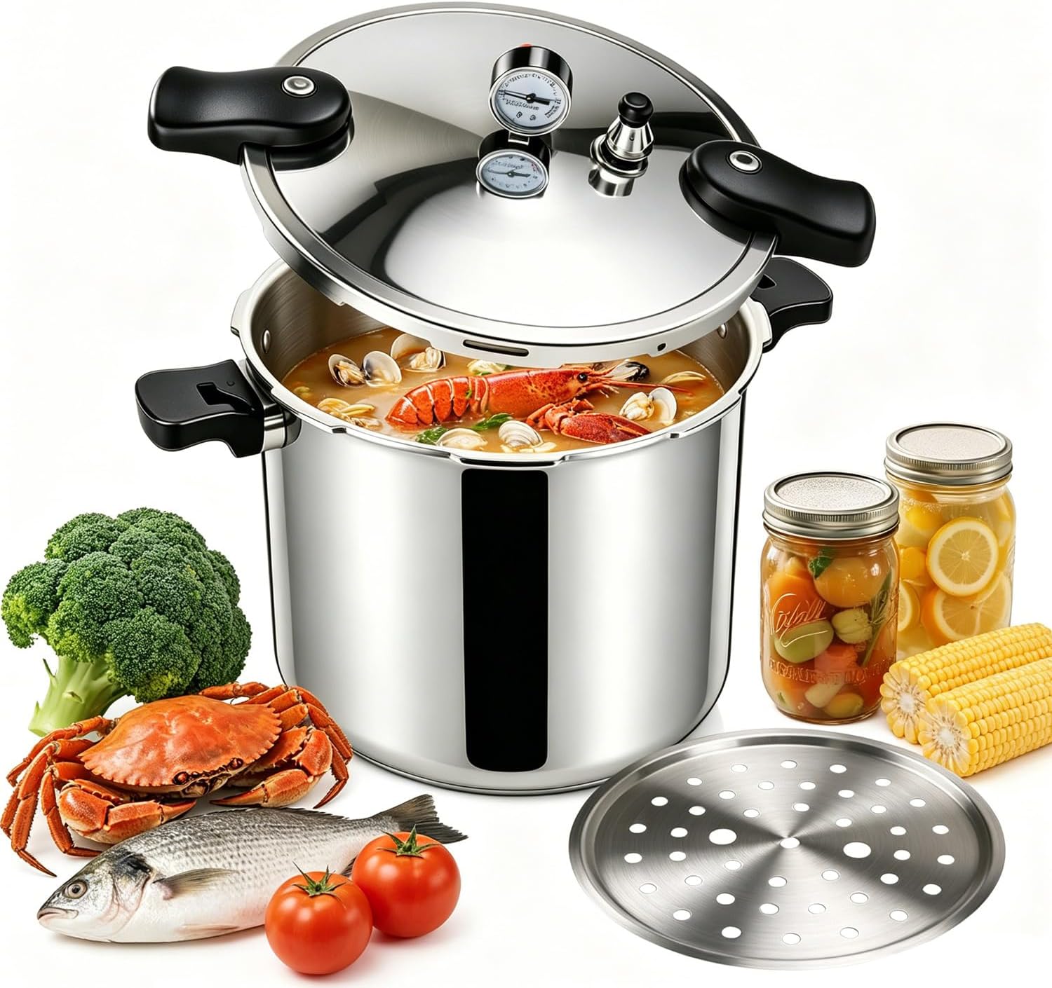 23-24QT Aluminum Pressure Cooker with Pressure Gauge, Heavy-Duty Large Capacity Pressure Canner for Restaurant