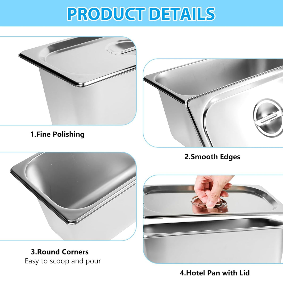 4 Set Steam Table Pan with Lid, 1/3 Size 4 Inch Deep Hotel Pans with Lid, Stainless Steel Commercial Catering Pan