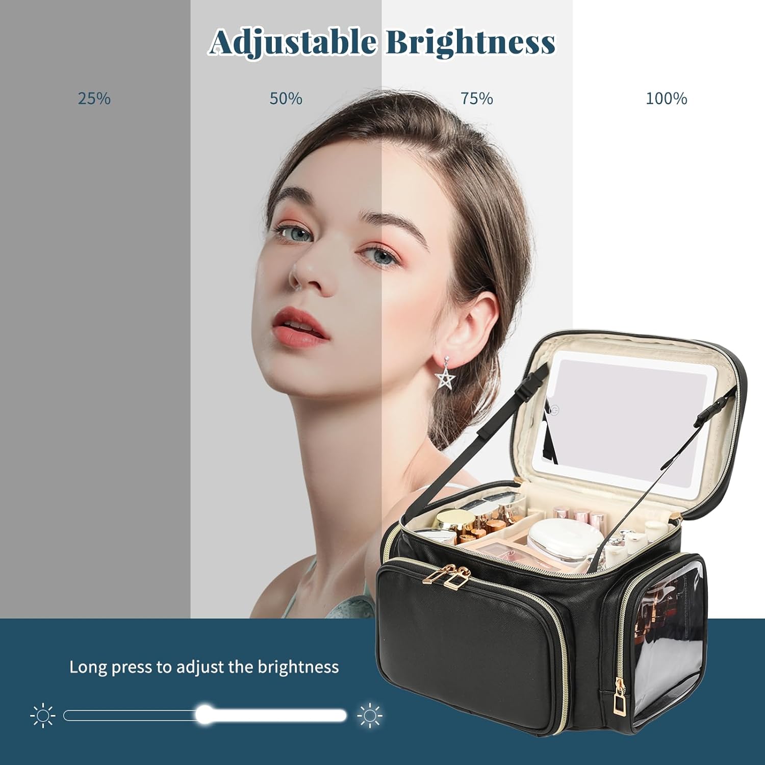 Large Makeup Bag with LED Mirror, Travel Makeup Bag Organizer for Women Girls with Makeup Brush Compartment & Two