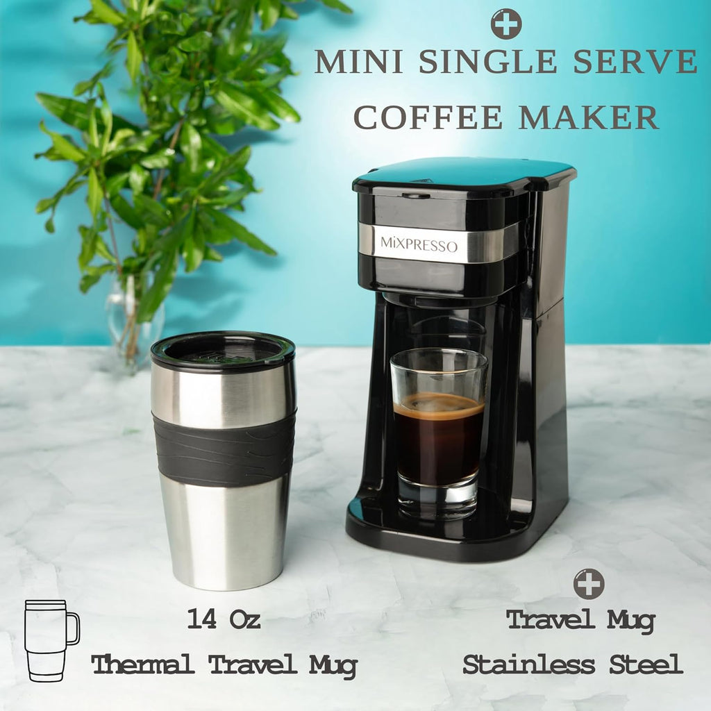 Single Serve & Single Cup Coffee Maker with 14oz Travel Mug Black | For ground coffee only, reusable filter, auto