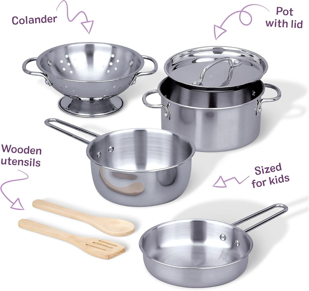 Melissa & Doug Stainless Steel Pots & Pans, 8 Piece Play Kitchen Set, Premium Play Kitchen Accessories & Cooking