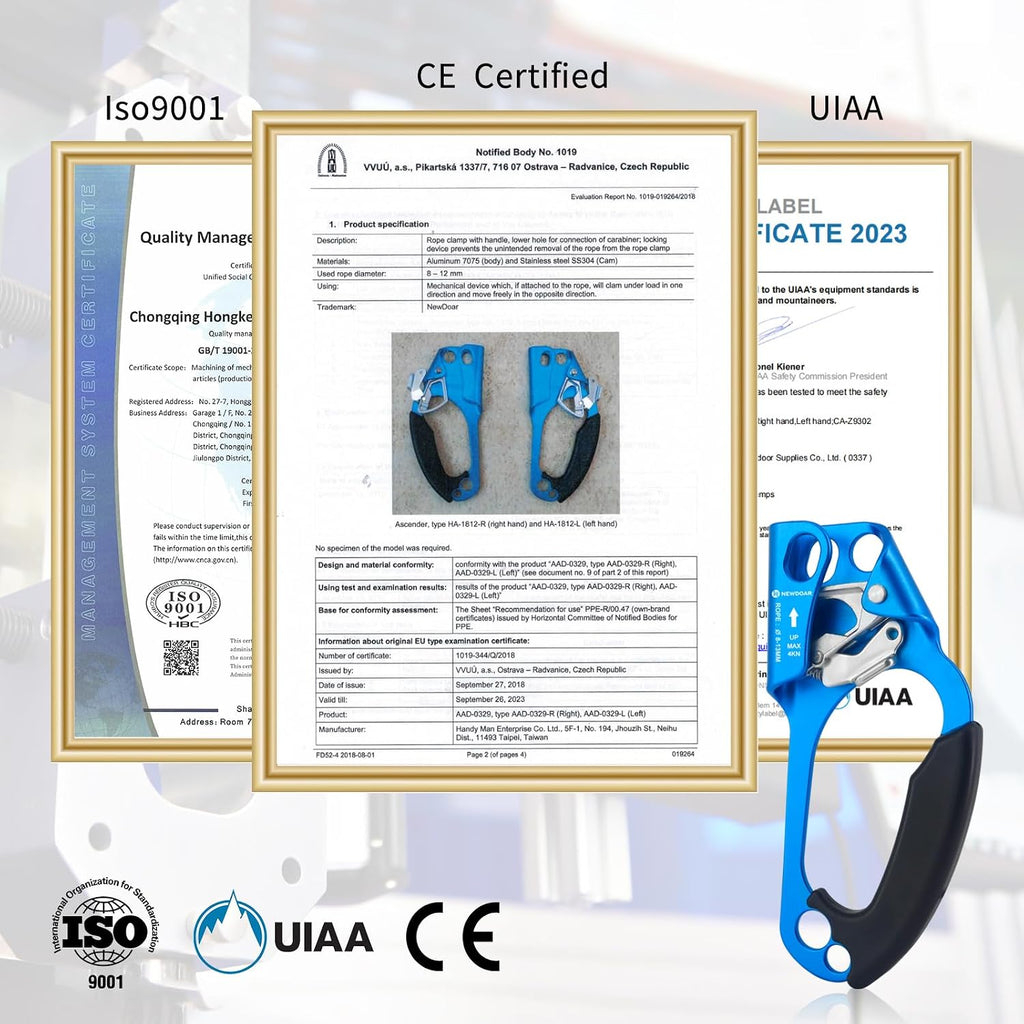 UIAA & CE Certified Hand Ascender Rock Climbing Tree Arborist Rappelling Gear Equipment Rope Clamp for 8~13MM Rope