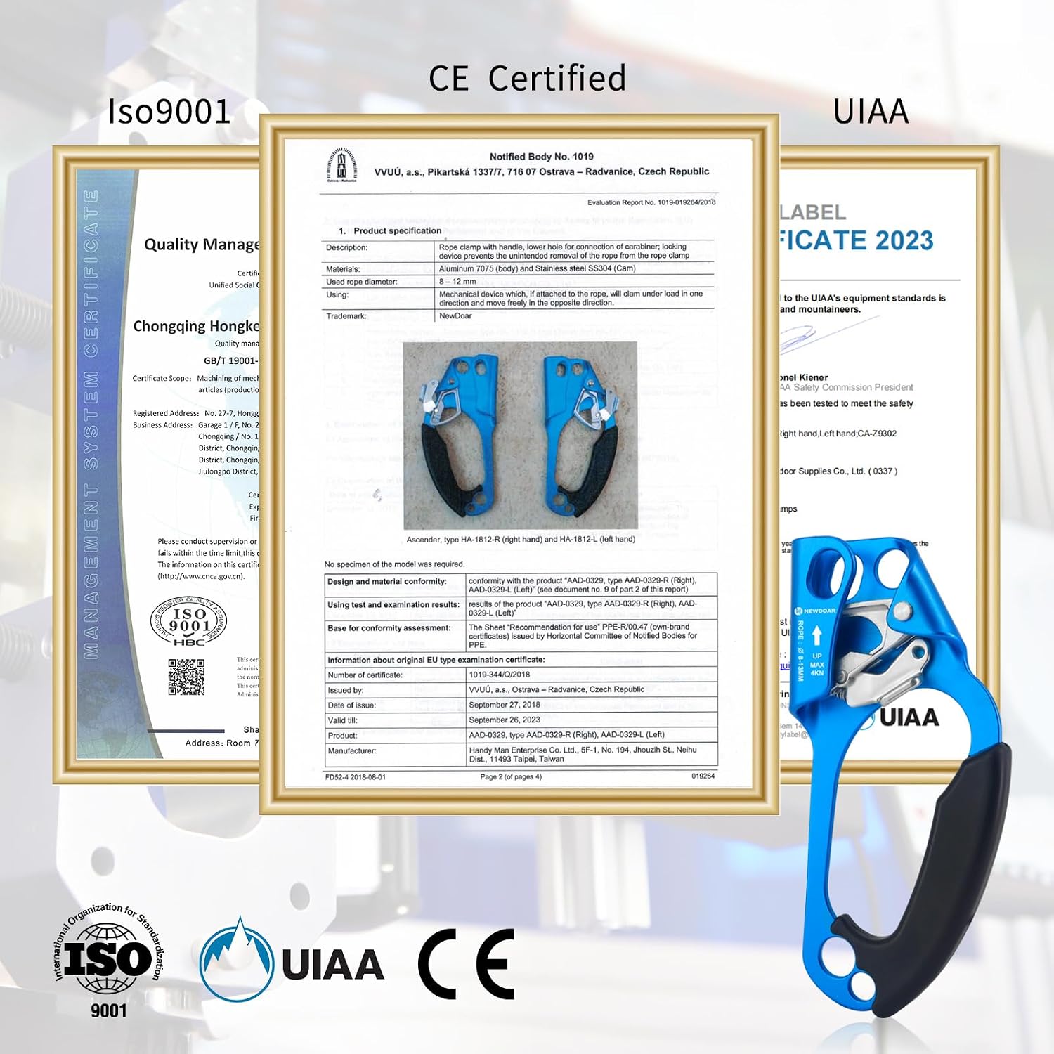 UIAA & CE Certified Hand Ascender Rock Climbing Tree Arborist Rappelling Gear Equipment Rope Clamp for 8~13MM Rope