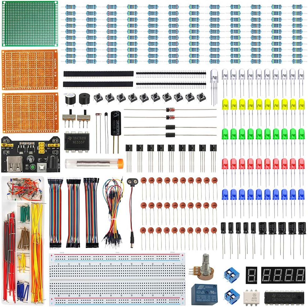 Electronics Component Fun Kit w/E-Book, Upgraded Electronic Starter Kit with Breadboard, Jumper Wires, PCB Soldering