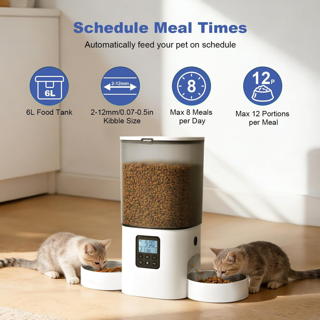 Automatic Cat Feeder for 2 Cats, 6L Cat Food Dispenser with 10s Voice Recorder, Pet Feeder up to 8 Meals per Day