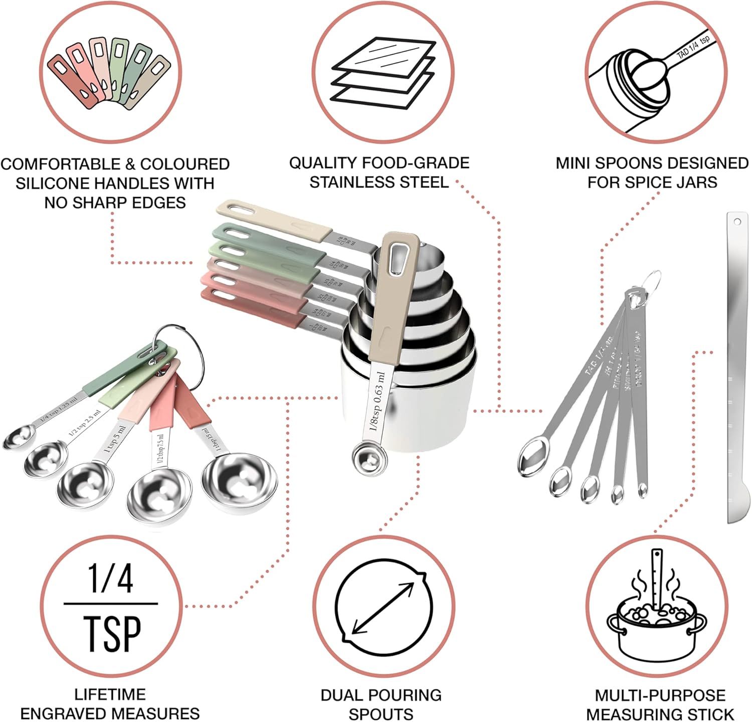 22-Piece Stainless Steel Measuring Cups and Spoons Set, Tad Dash Pinch Smidgen Drop Mini Measuring Spoons, Measuring