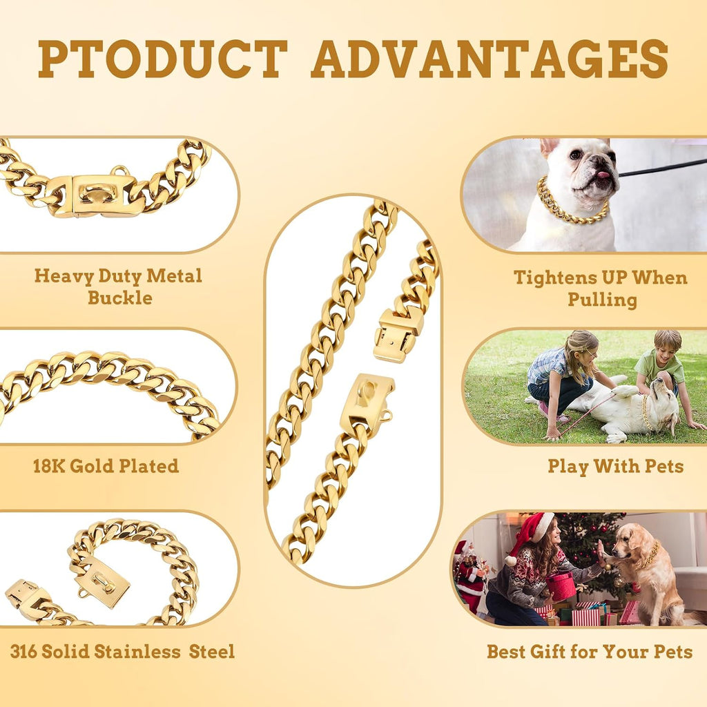 19mm Gold Chain Dog Collar,Luxurious Cuban Link Dog Collar