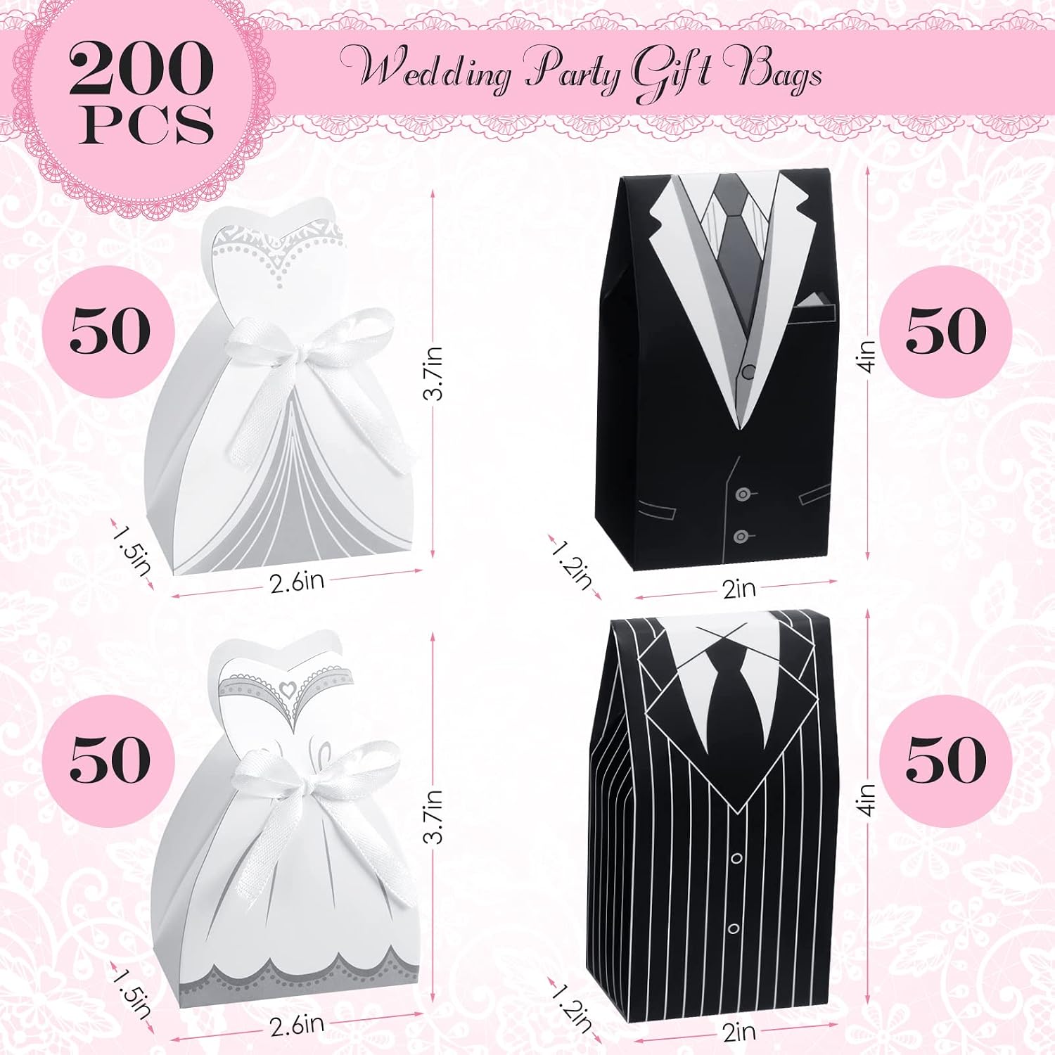 200 Pcs Wedding Favor Boxes Bride Groom Candy with Ribbon