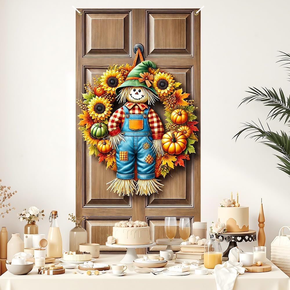 Fall Scarecrow Sunflower Pumpkin Door Cover 35x70in Thanksgiving | Weather-tough 150D polyester with 4 grommets and