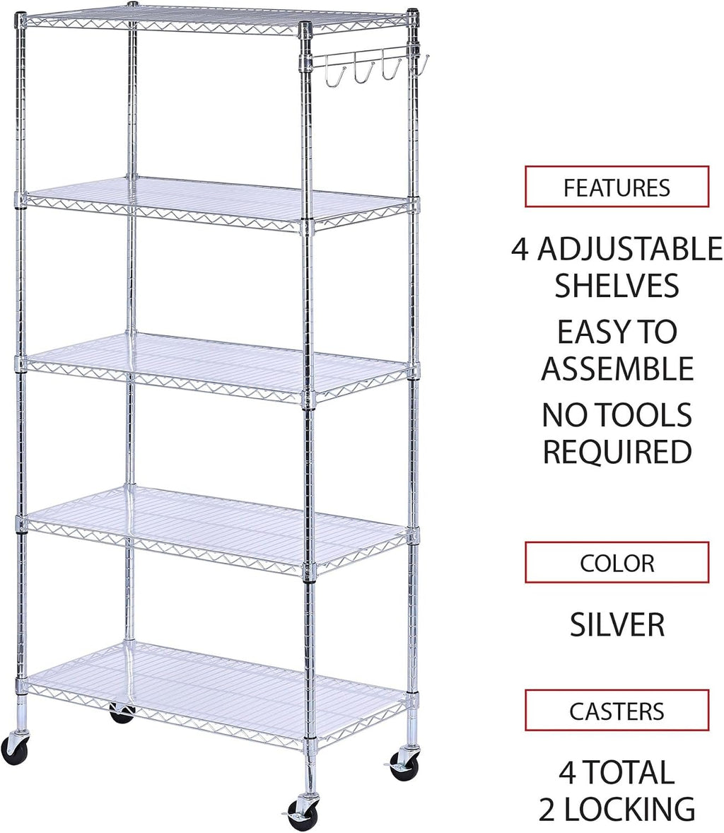 5-Shelf Wire Shelving Kit with Casters and Shelf Liners, 36w X 18d X 72h, Silver