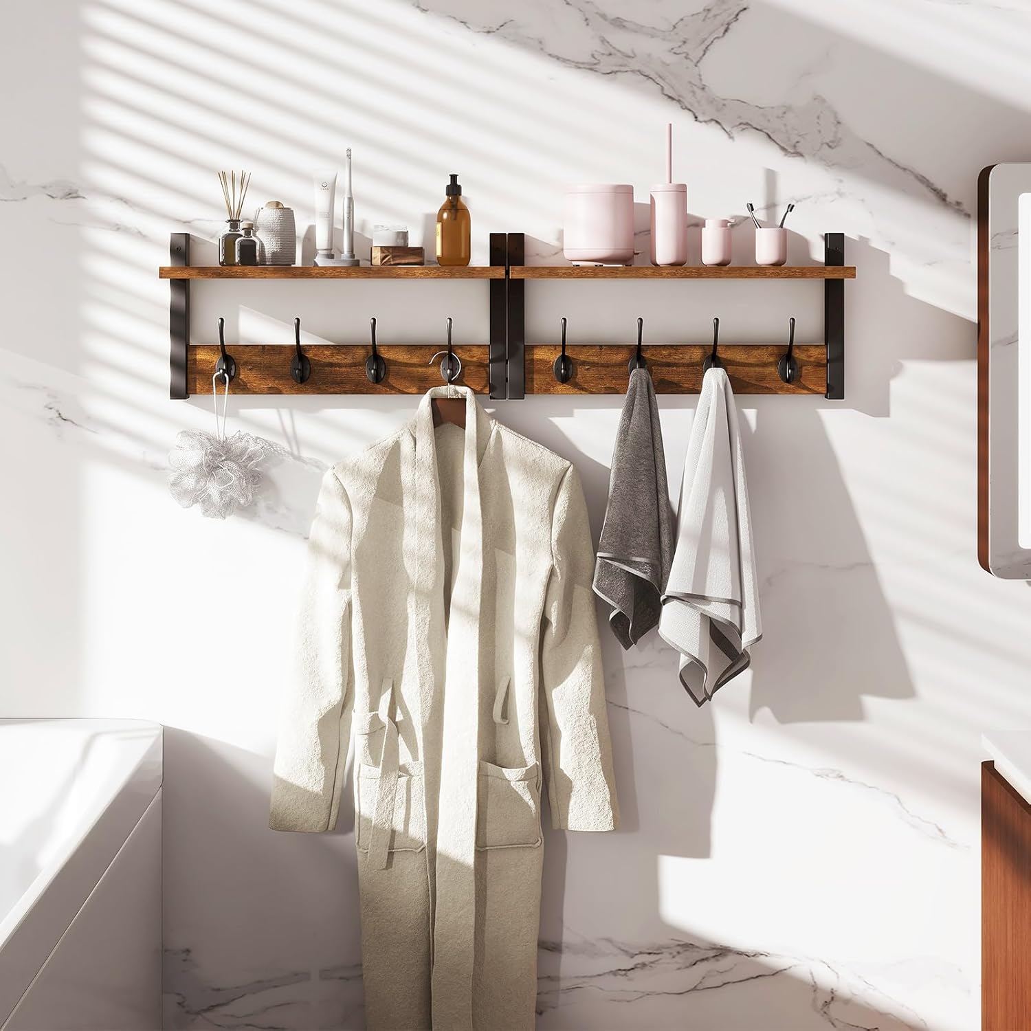 Coat Rack Shelf Wall Mounted, Coat Hooks Set of 2, Entryway Coat Hanger with 8 Hooks, 31.5" Wall Floating Shelf with