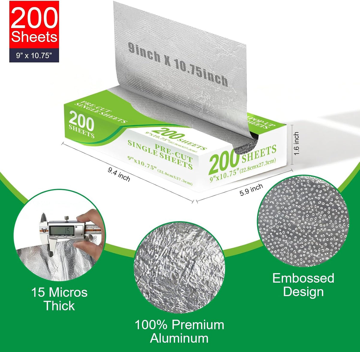 200 Pre-Cut Aluminum Foil Sheets, 9" x 10.75" Pop-Up Foil Sheets for Food, Easy Dispense Packaging, Premium Aluminum