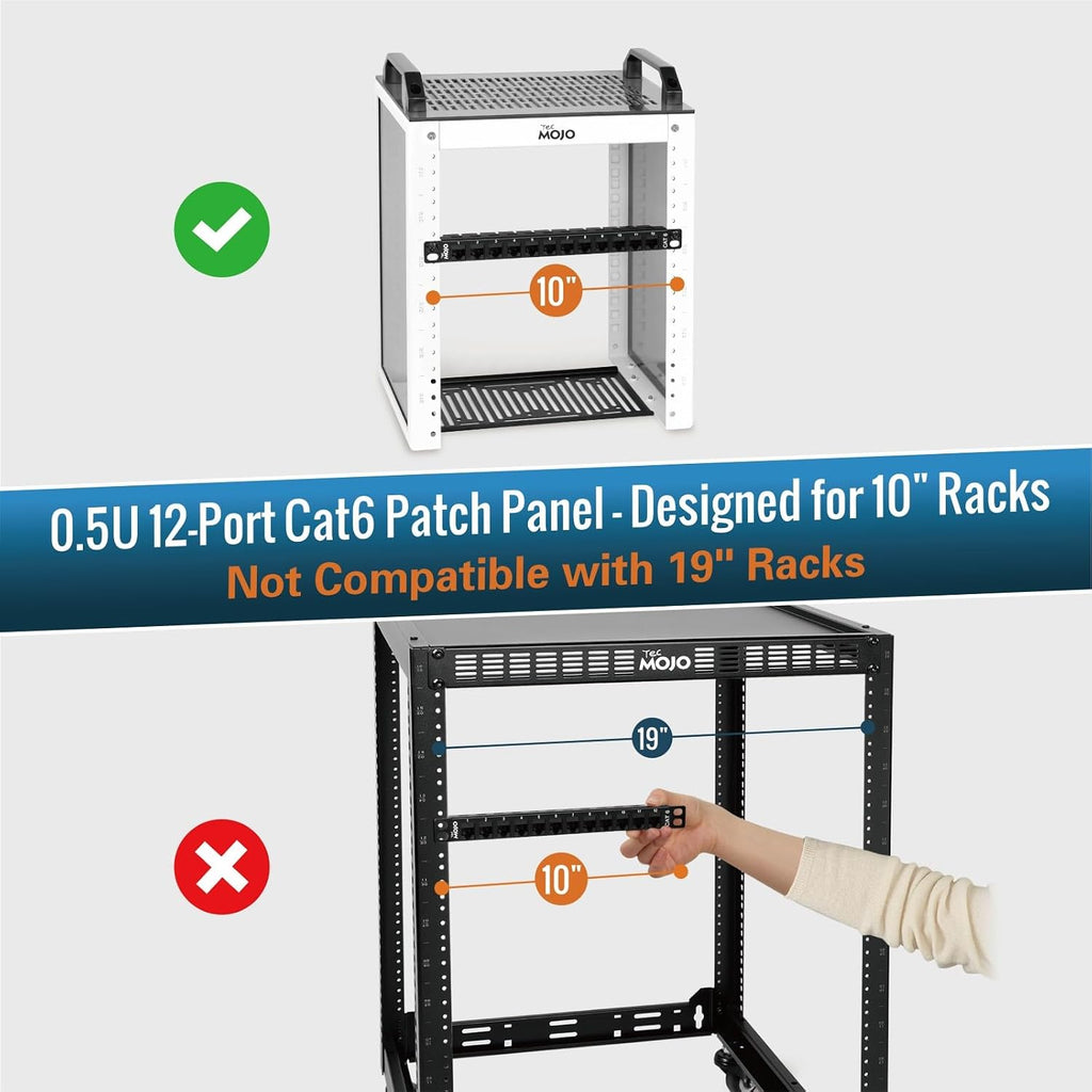 Tecmojo 12-Port Cat6 Patch Panel, 0.5U Rack Mount Modular Panel with Keystone Coupler, for 10" Server Rack & Network Cabinet, Gigabit Ethernet, Black