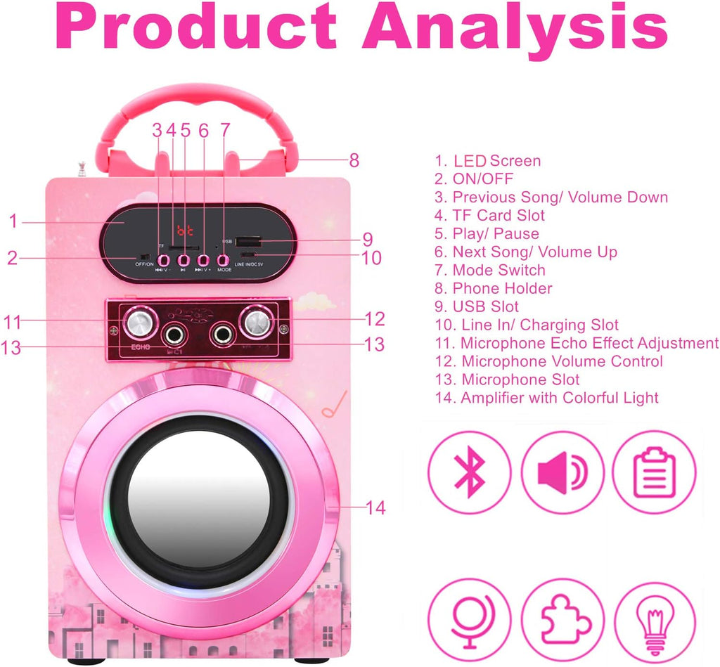 Kids Bluetooth Karaoke Machine with 2 Microphones, Wireless Rechargeable Remote Control Portable Karaoke Speaker