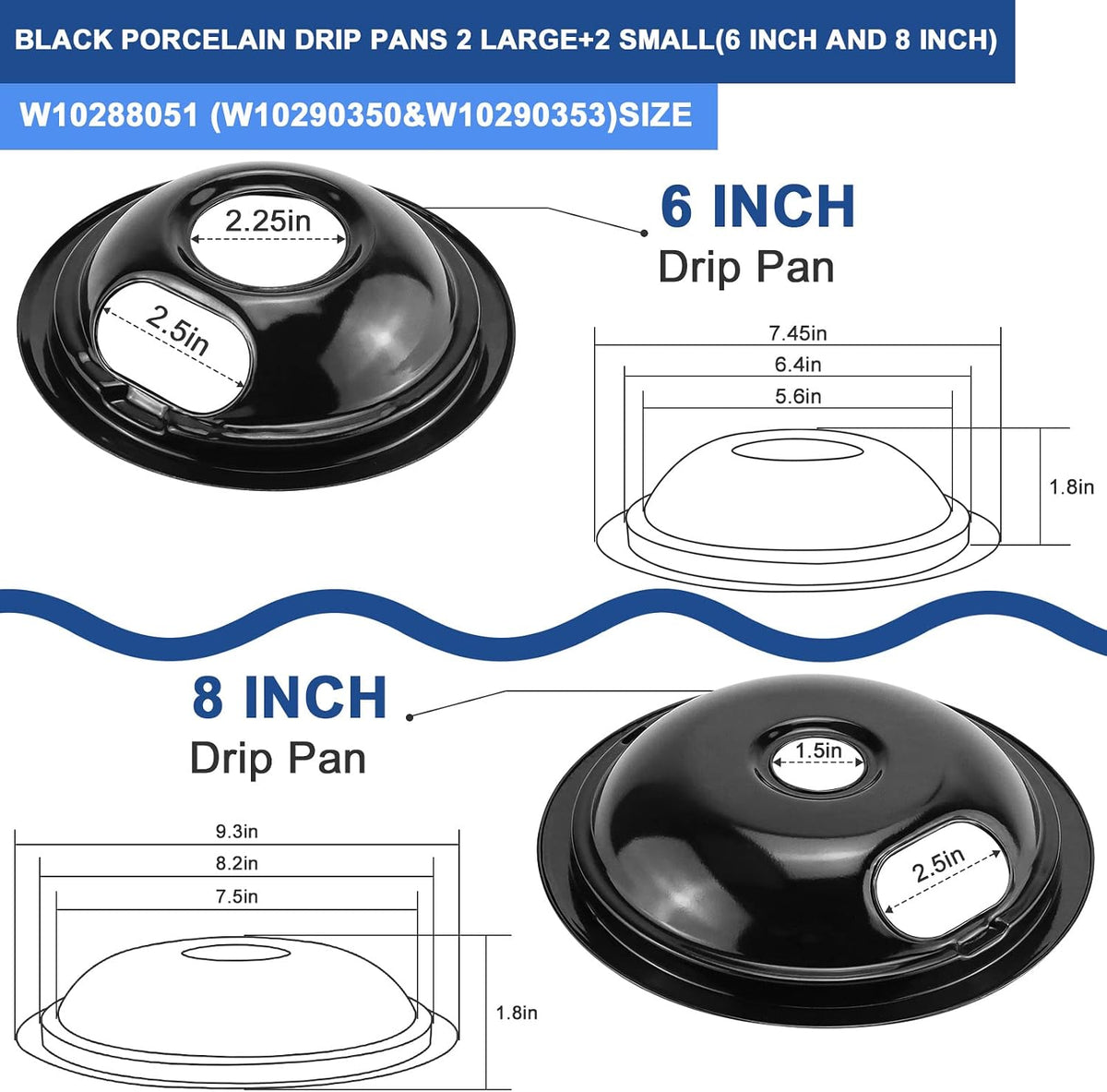 W10290350 W10290353 Black Porcelain Drip Pans and MP22YA Electric Stove Burner Element Set Replacement for Amana Whirlpool Electric Stove, Replace W10288051 Drip Pans by Fetechmate