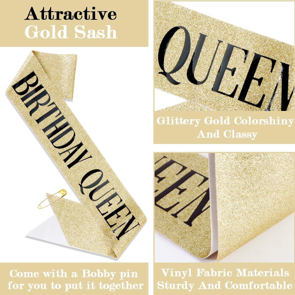 Birthday Queen Sash and Crown for Women - Gold Rhinestone Tiara and Sash Set for Birthday Decorations Outfits for Women