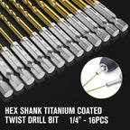 MACXCOIP 16Pcs 1/4" Hex Shank Titanium Twist Drill Bit Set