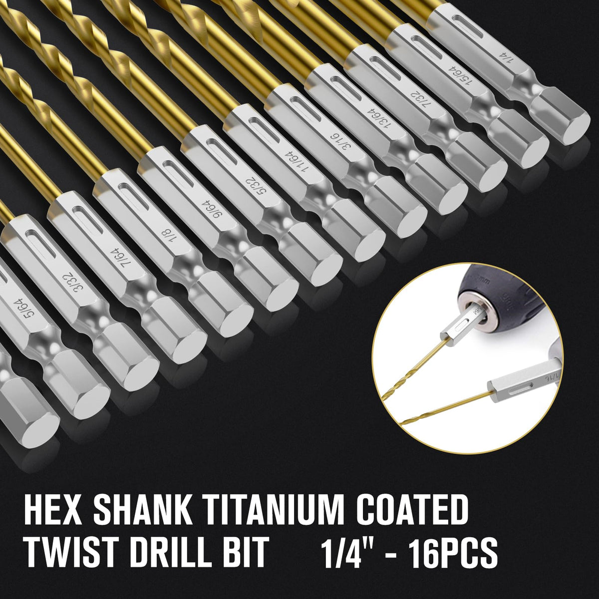 MACXCOIP 16Pcs 1/4" Hex Shank Titanium Twist Drill Bit Set