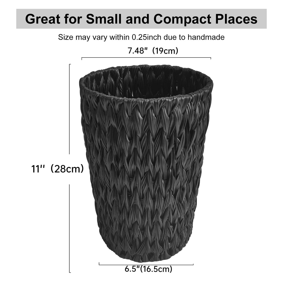 Wicker Trash Can, Small Bahtroom Waste Basket, 2 Gallon, Black