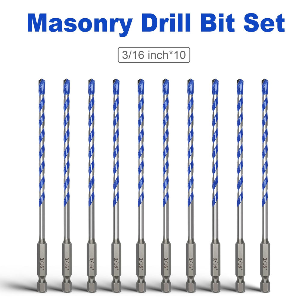 10 Pack 3/16 inch Concrete Drill Bit Set,Masonry Drill Bit Set