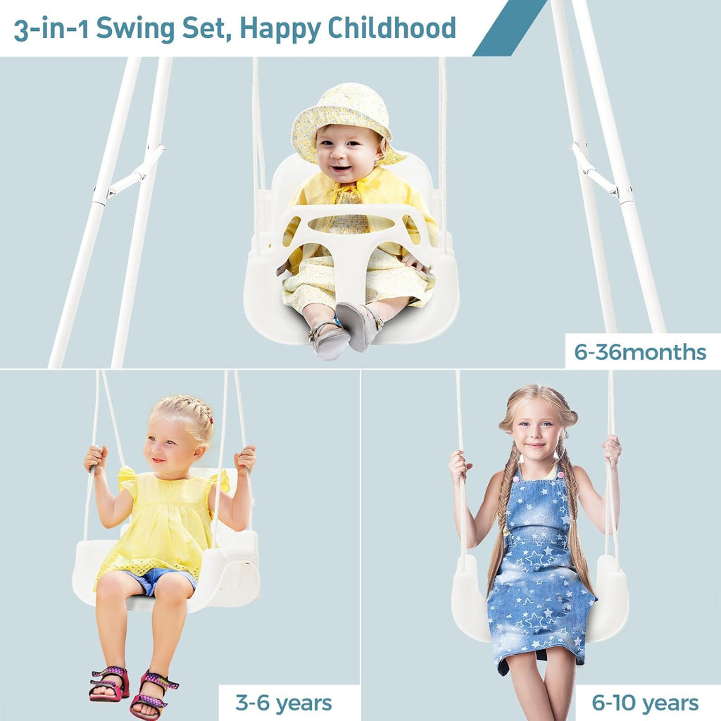Toddler Swing with Foldable Metal Stand for Toddlers Aged 1~10 Years, 3-in-1 Baby Swing Set with 4 Sandbags for