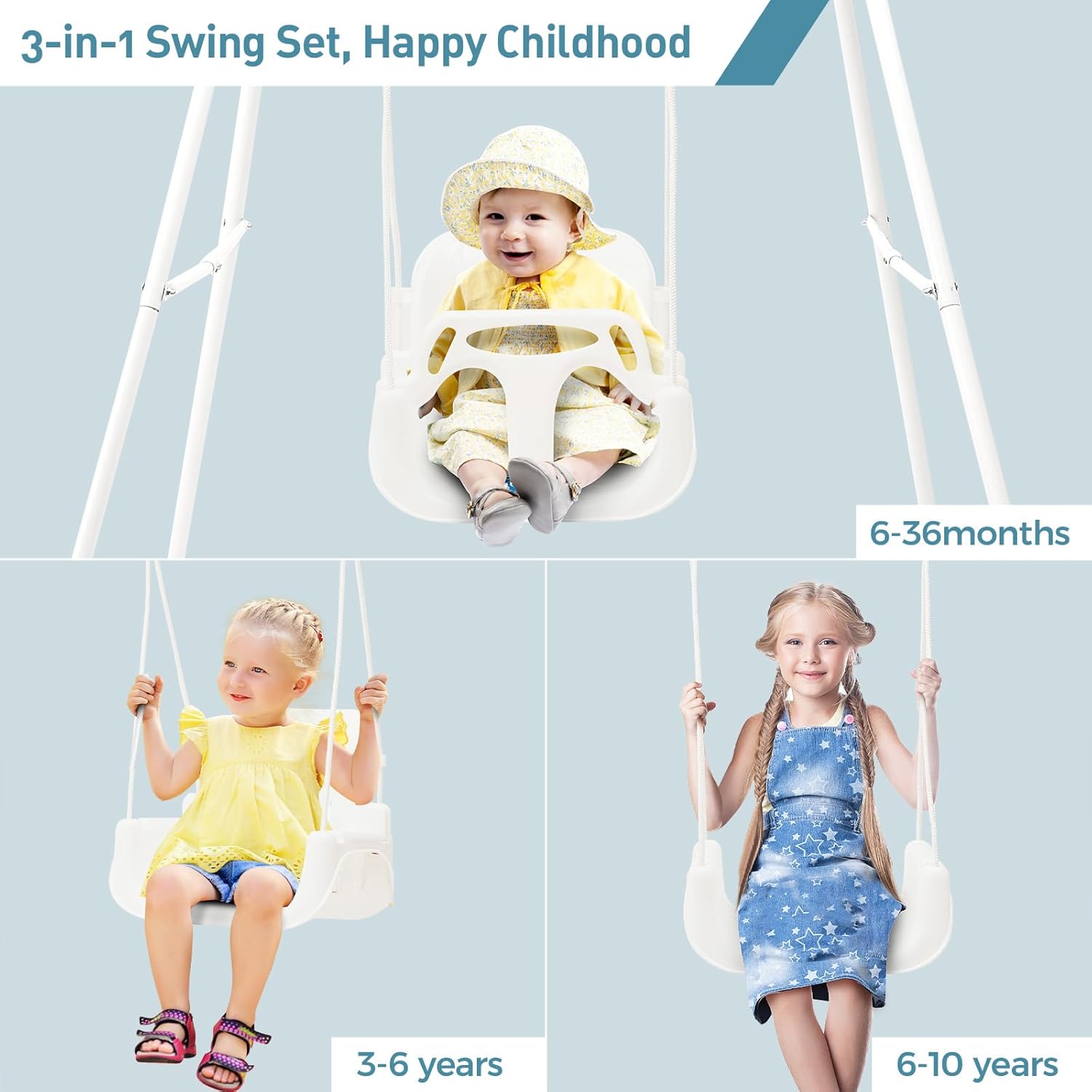 Toddler Swing with Foldable Metal Stand for Toddlers Aged 1~10 Years, 3-in-1 Baby Swing Set with 4 Sandbags for