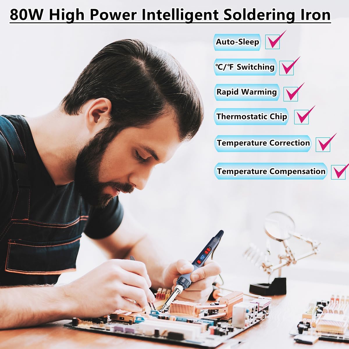 Soldering Iron Kit, 80W Electric Solder iron, Adjustable Temperature (180°C- 500°C）, With Multimeter, Magnifier