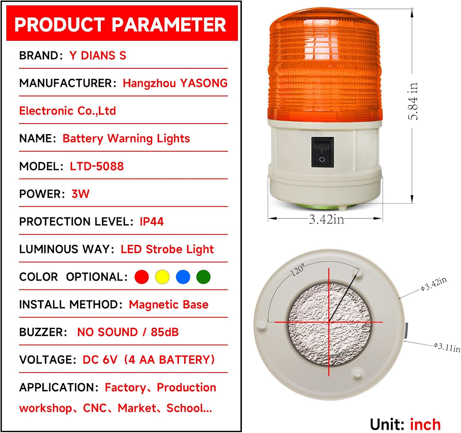 Led Strobe Lights Magnetic Battery Amber Flashing Beacon Light with No Sound Emergency Lights for Vehicles Trucks Car