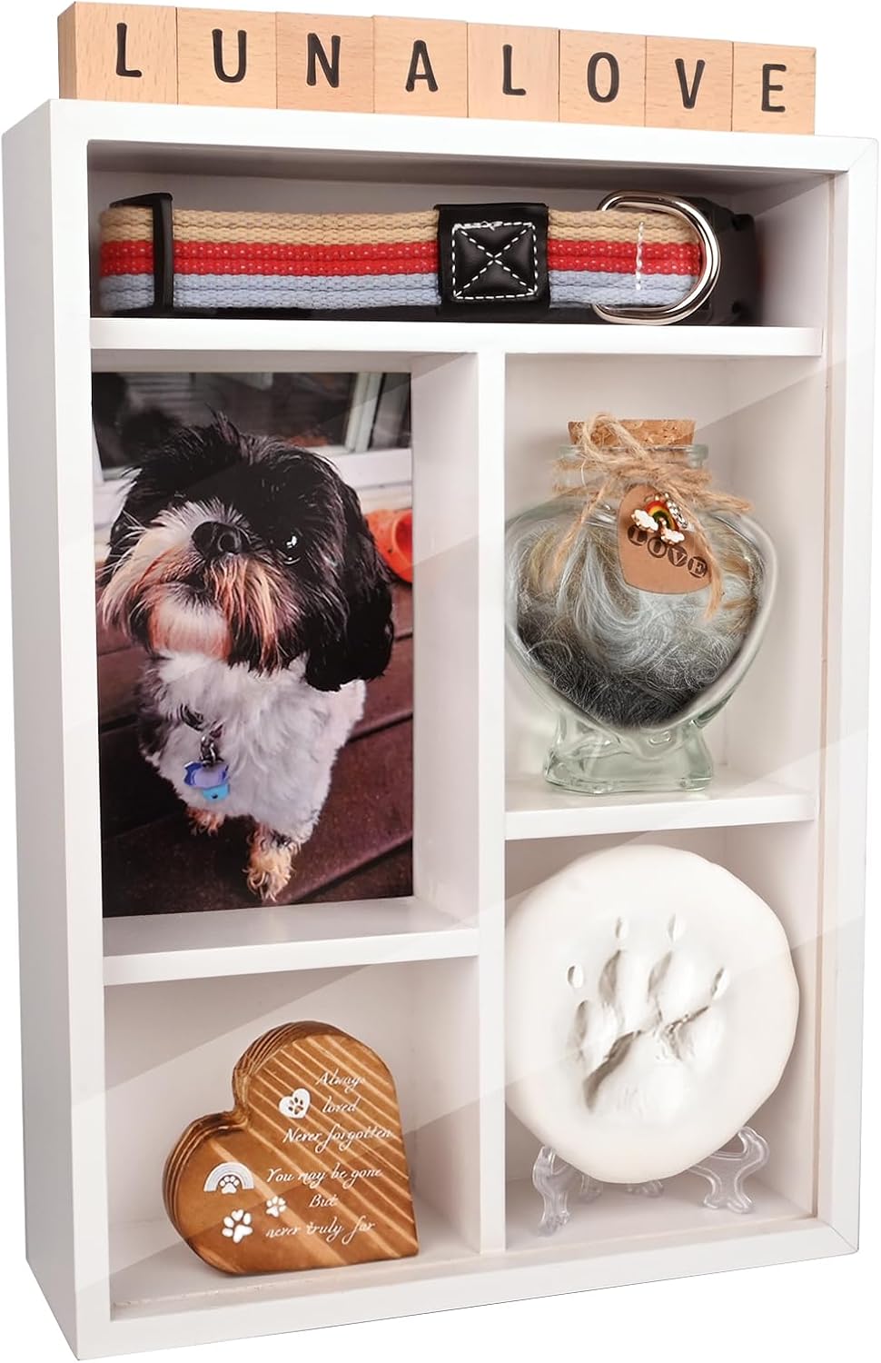 Pet Memorial Shadow Box with Shelves for Loss of Dog Cat Memorial Gifts 4X6 Picture Frame Paw Print Kit Fur Keepsake