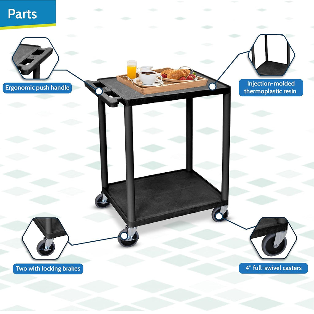 HE32-B Utility Cart - Two Shelves Structural Foam Plastic, Multipurpose Utility Cart, Four Heavy-Duty 4" Casters, Two