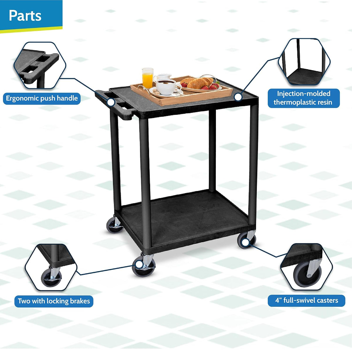 HE32-B Utility Cart - Two Shelves Structural Foam Plastic, Multipurpose Utility Cart, Four Heavy-Duty 4" Casters, Two