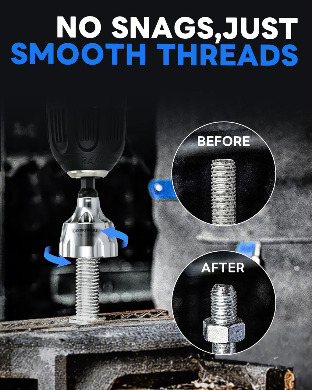 COMOWARE Threaded Rod Deburring Tool, External Chamfer Tool for Metal, Tungsten Carbide Chamfer Bit, Deburring Drill Bit, Remove Burr Tools Quick Release Shank Fits 1/8"- 3/4"(3mm-20mm)