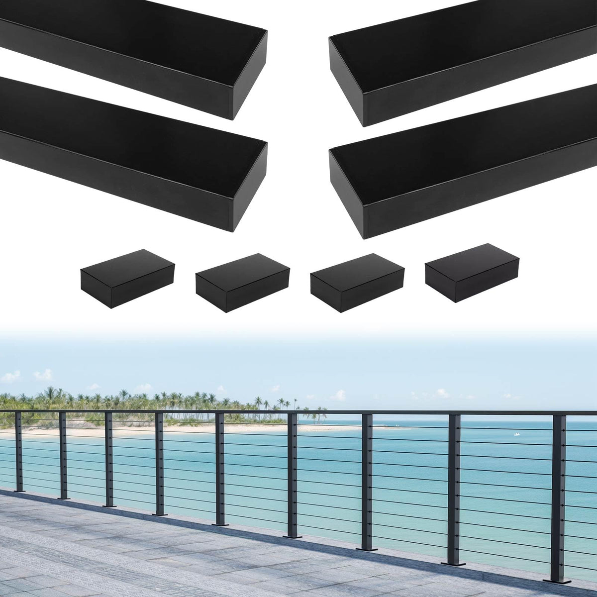 4Pack 4ft Black Aluminum Cable Railing Handrail Rectangular HL10