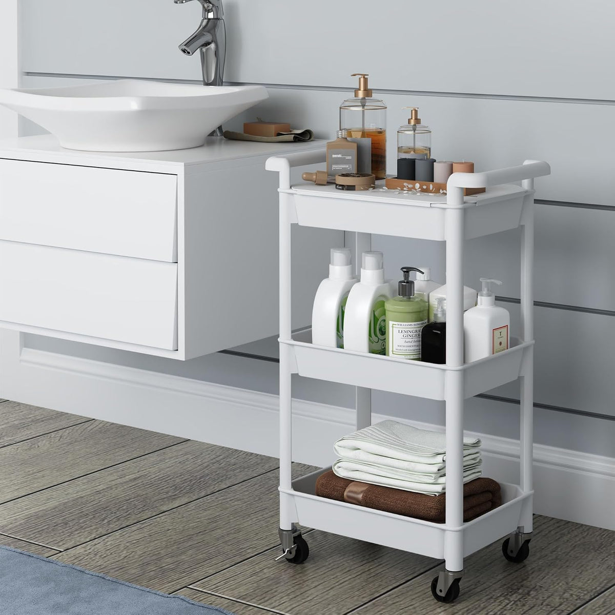 3-Tier Utility Rolling Cart with Cover Top Board, Mobile Utility Cart with Lockable Casters Multi-Functional Storage