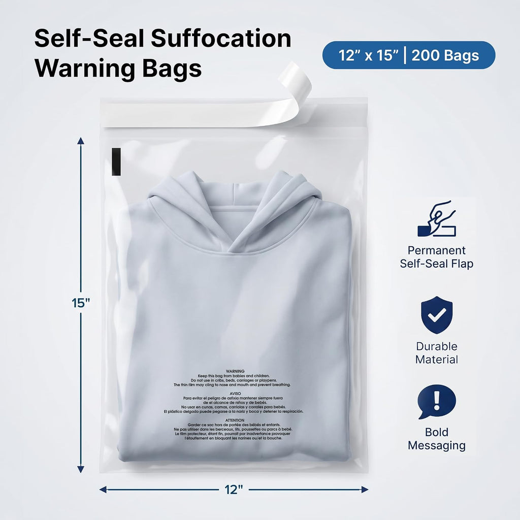 12” X 15” (200 Count) Self Seal Clear Poly Bags with Suffocation Warning