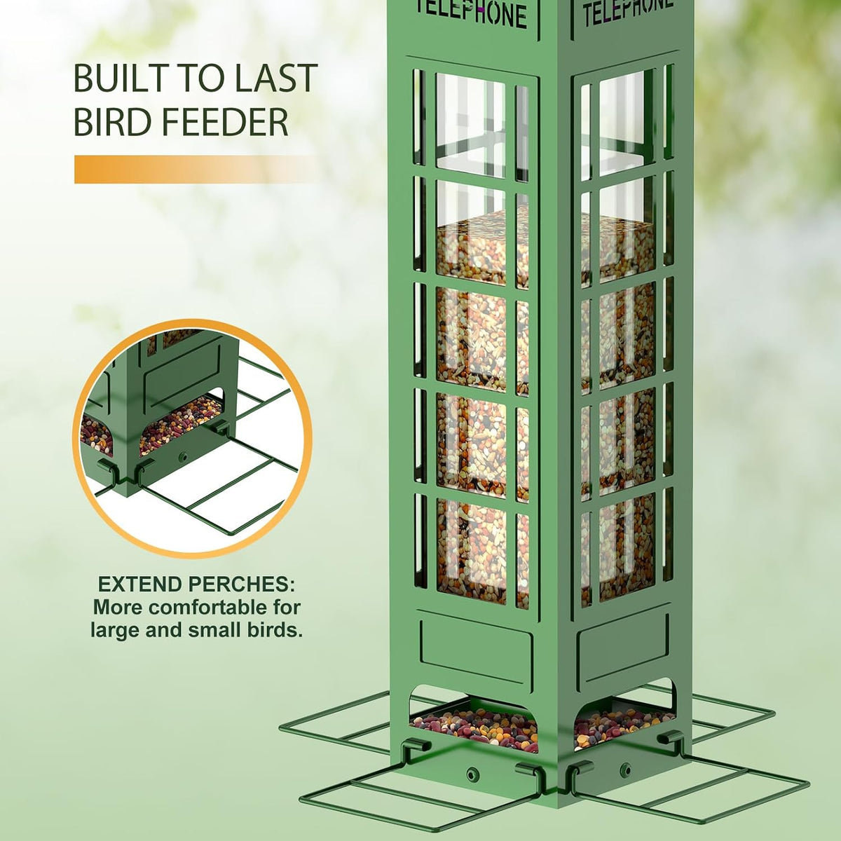Squirrel Proof Bird Feeder, Heavy Duty Metal Telephone Booth Bird Feeder with Weight Activated Perches, 3 LB Capacity