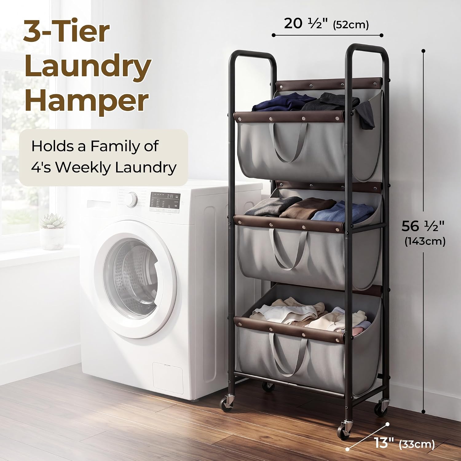 3 Tiered Laundry Sorter, Narrow Hamper Cart with Wheels | Sturdy 3 Section Laundry Basket with Wheels, Vertical Grey