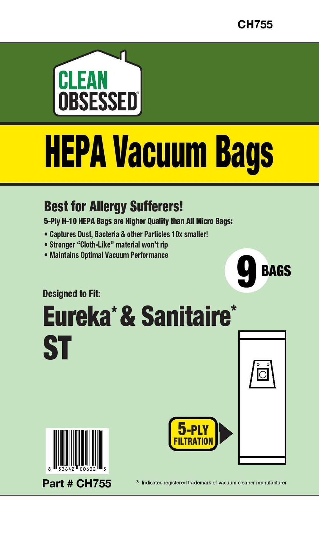 Clean Obsessed H-10 HEPA Bags Fits Eureka & Sanitaire Type ST (9 Bag Pack)