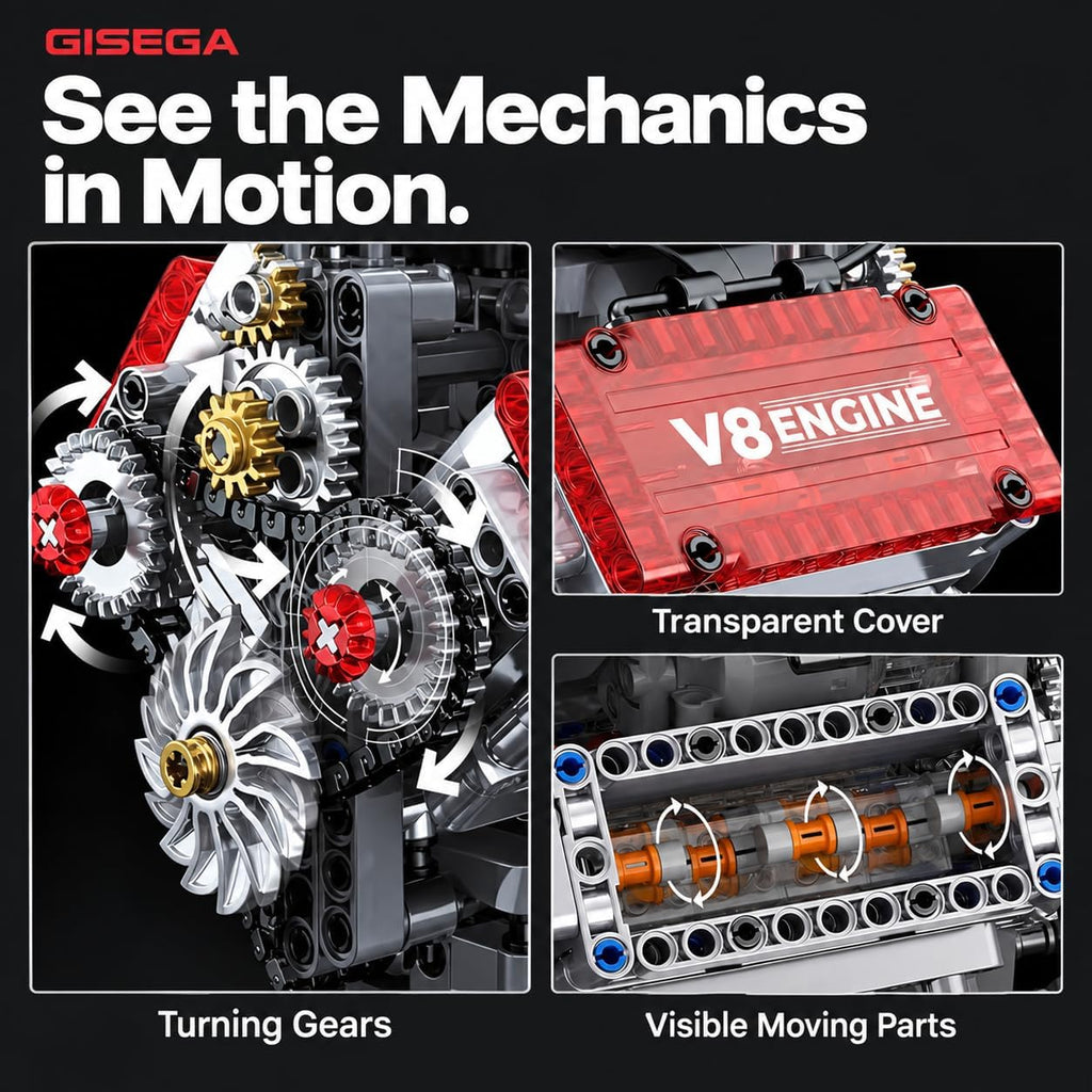Motorized V8 Engine Model Kit that Runs, 478-Piece 8-Cylinder Car Engine Building Kit, Build Your Own STEM Mechanical