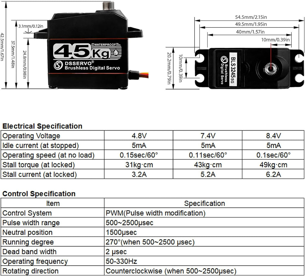 45kg Rc Servo Brushless Servo Metal Gear High Torque for TRX4 TRX6 SCX10 III 1/10 RC Crawler Upgrade Parts (45KG-270°)