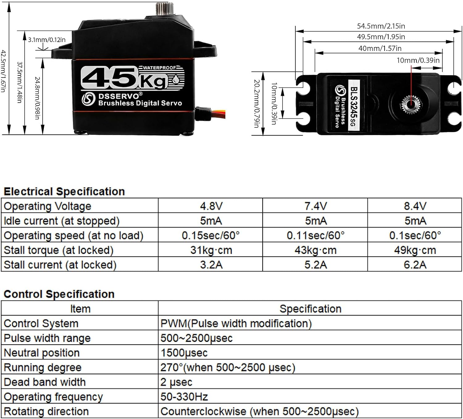 45kg Rc Servo Brushless Servo Metal Gear High Torque for TRX4 TRX6 SCX10 III 1/10 RC Crawler Upgrade Parts (45KG-270°)